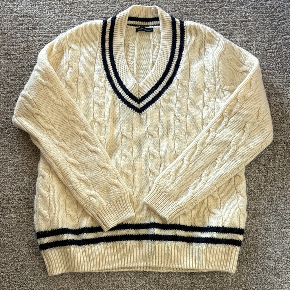 Brandy Melville Cream V-Neck Sweater with Navy Stripes